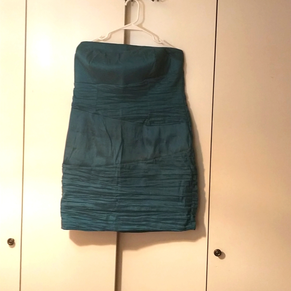 Strapless teal rouched dress, 16